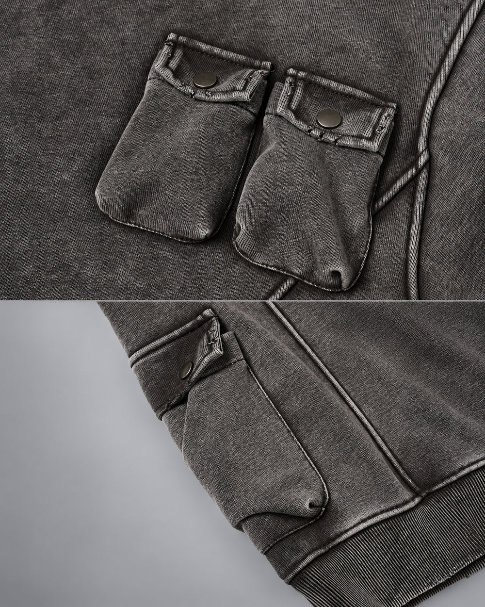 Acid Wash Hoodie "Yachiru", Gray, twin chest pouches and lower side pocket details