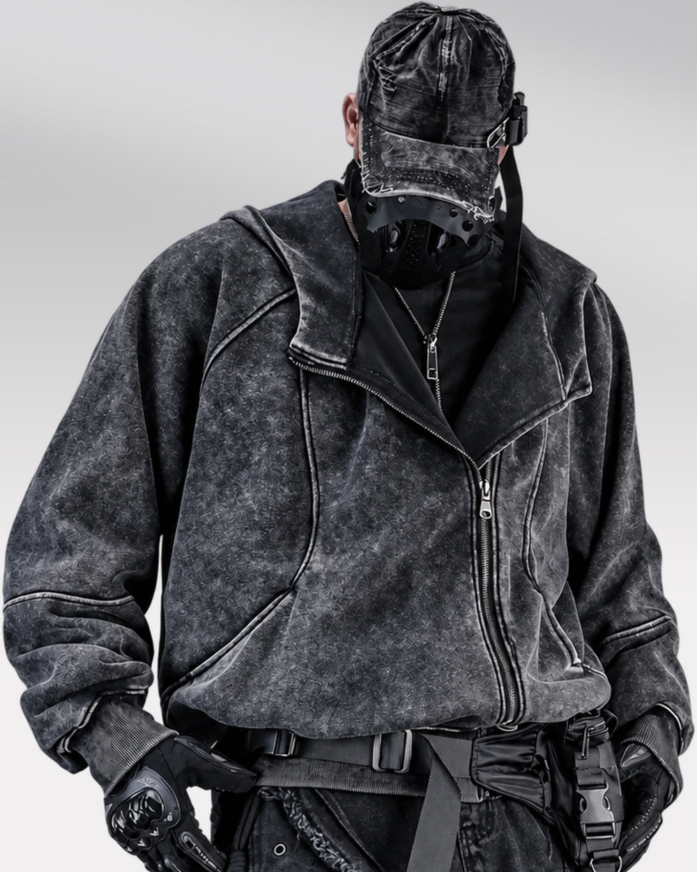 Asymmetrical zipper hoodie "Ama" in black, front view hands in pockets