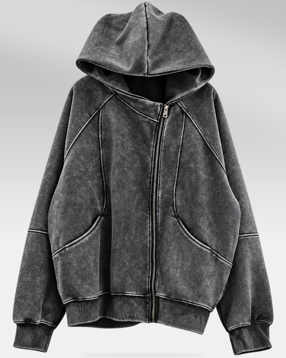 Asymmetrical zipper hoodie "Ama" in black, entire hoodie front view