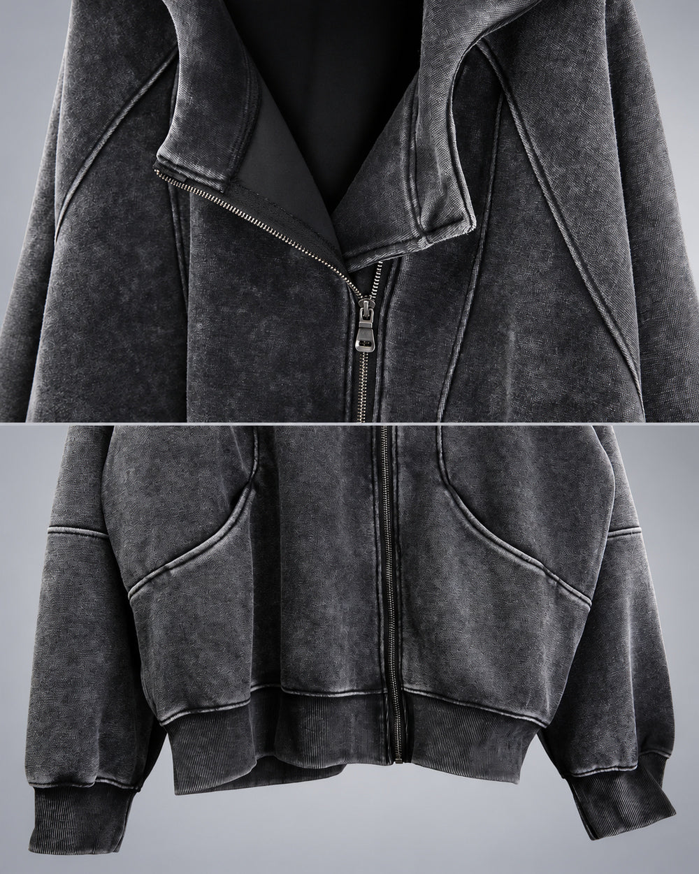 Asymmetrical zipper hoodie "Ama" in black, open collar, curved pockets and ribbed hem details