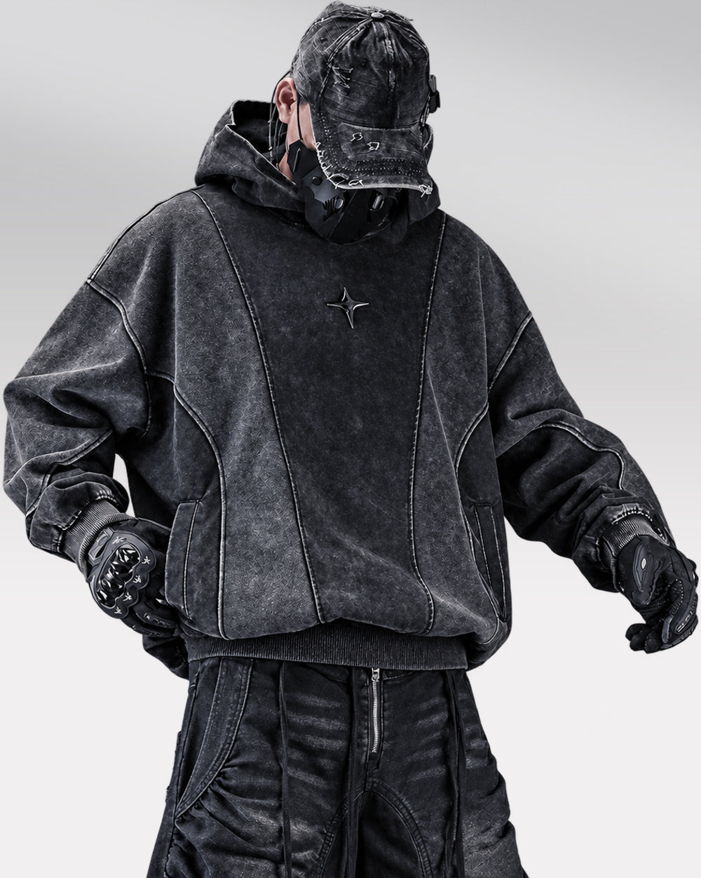 Faded Black Hoodie "Yoruichi", Black, model wearing the hoodie, arms apart