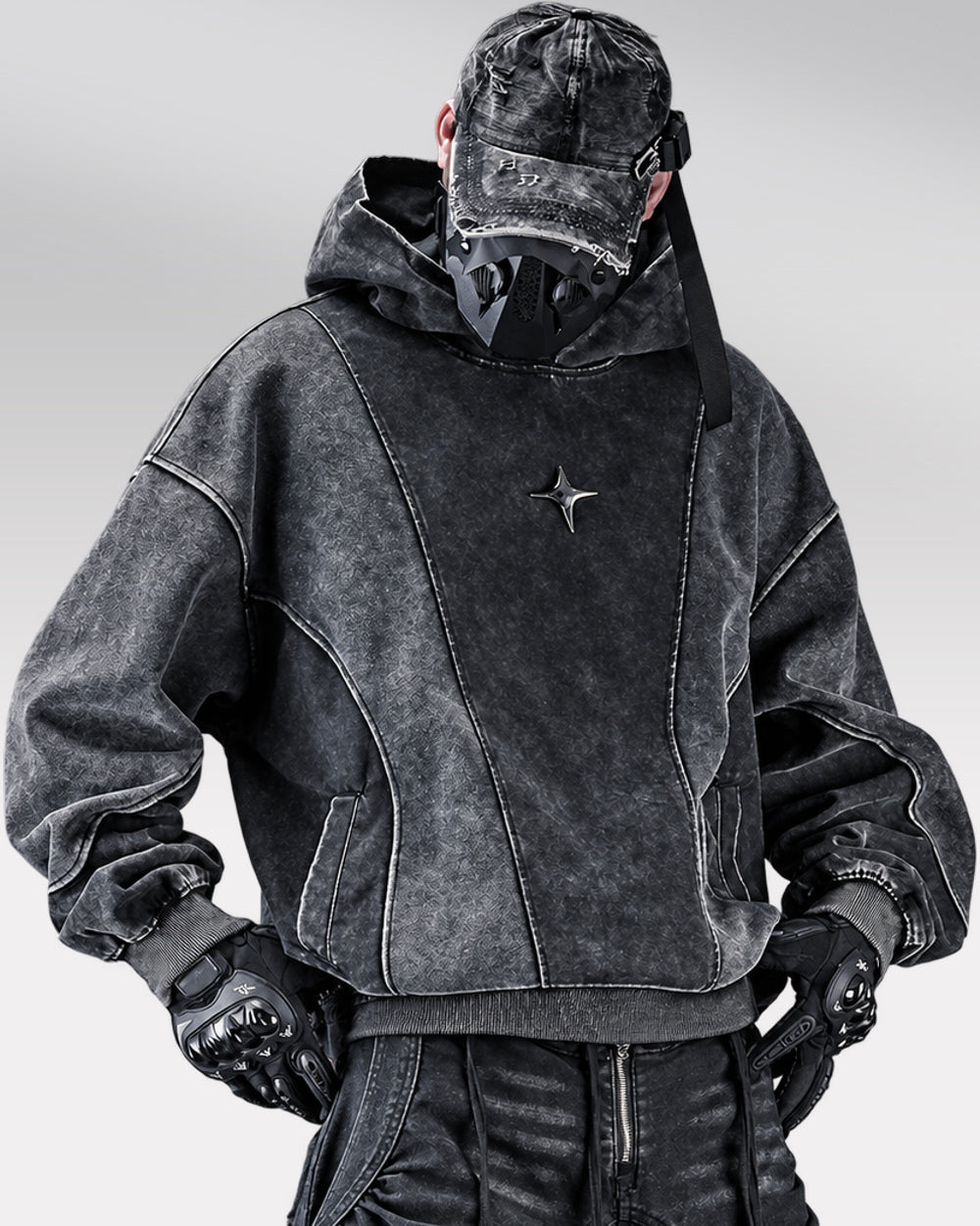 Faded Black Hoodie "Yoruichi", Black, model wearing the hoodie, front downward pose