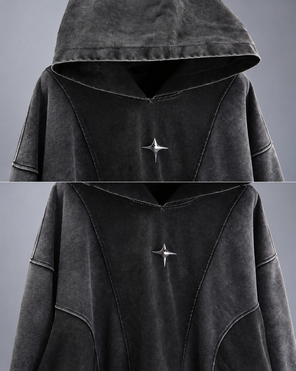 Faded Black Hoodie "Yoruichi", Black, hood opening and metallic chest accent details
