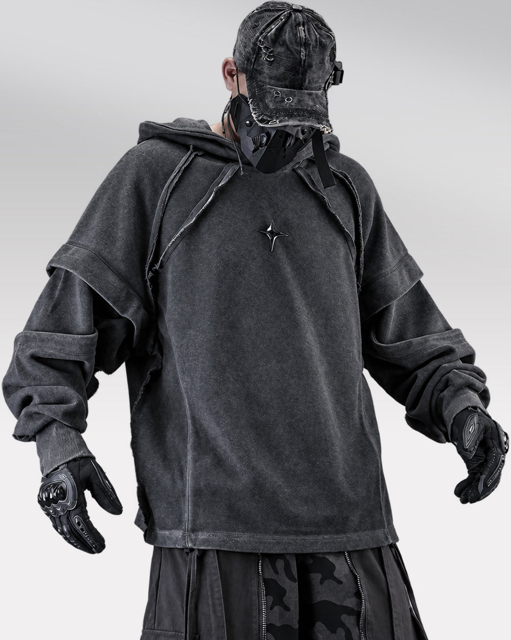 Layered Hoodie "Roy", Black, front worn hero showing layered sleeves and full hem