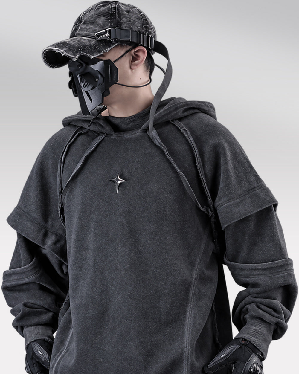 Layered Hoodie "Roy", Black, side worn view