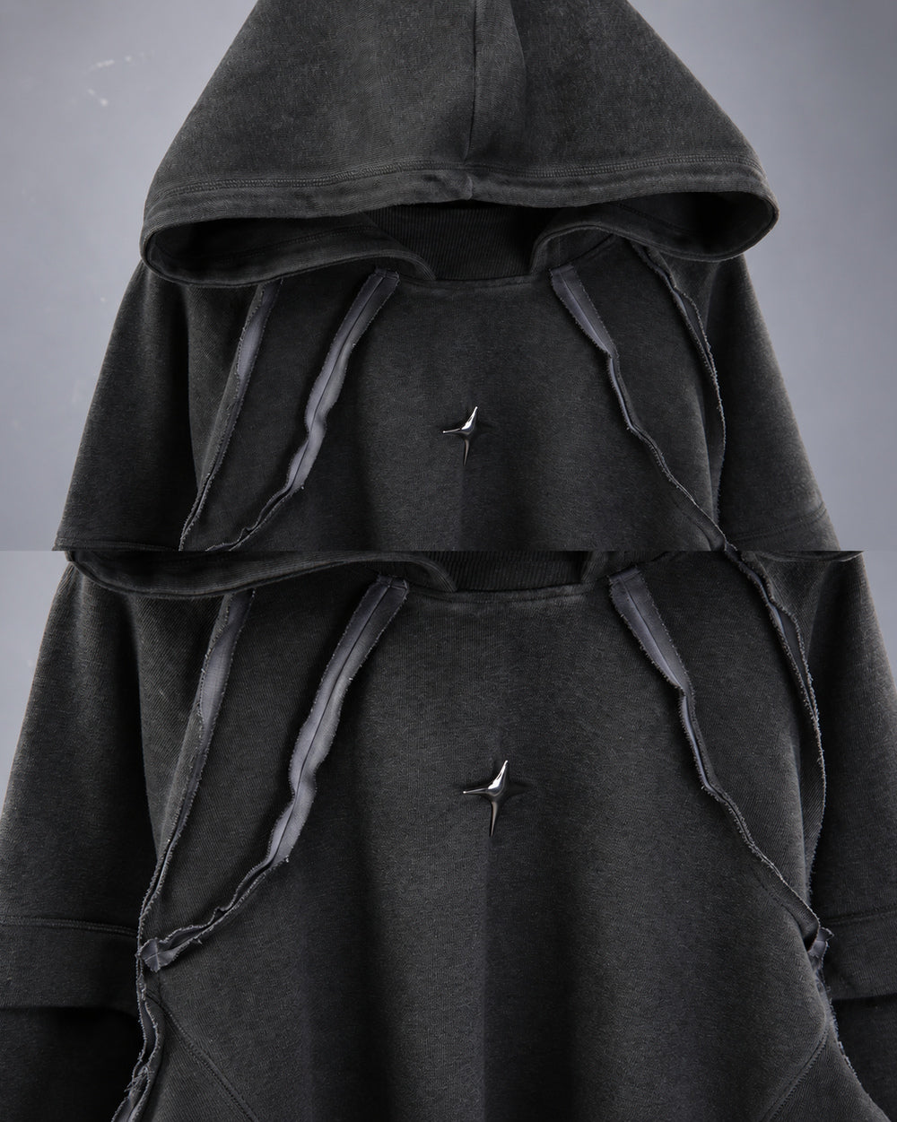 Layered Hoodie "Roy", Black, hood ties and metallic chest accent details
