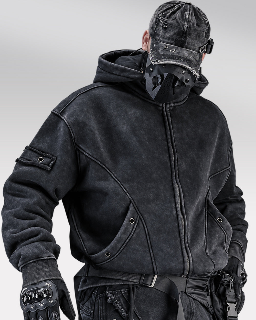 Oversized zip up hoodie "Atomi", Black, three-quarter zipped worn view