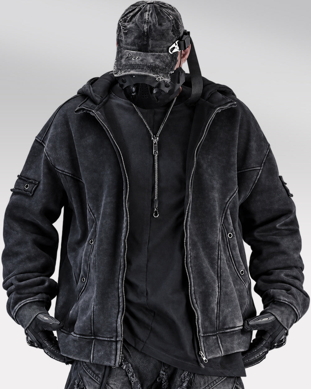 Oversized zip up hoodie "Atomi", Black, front worn view with zipper open