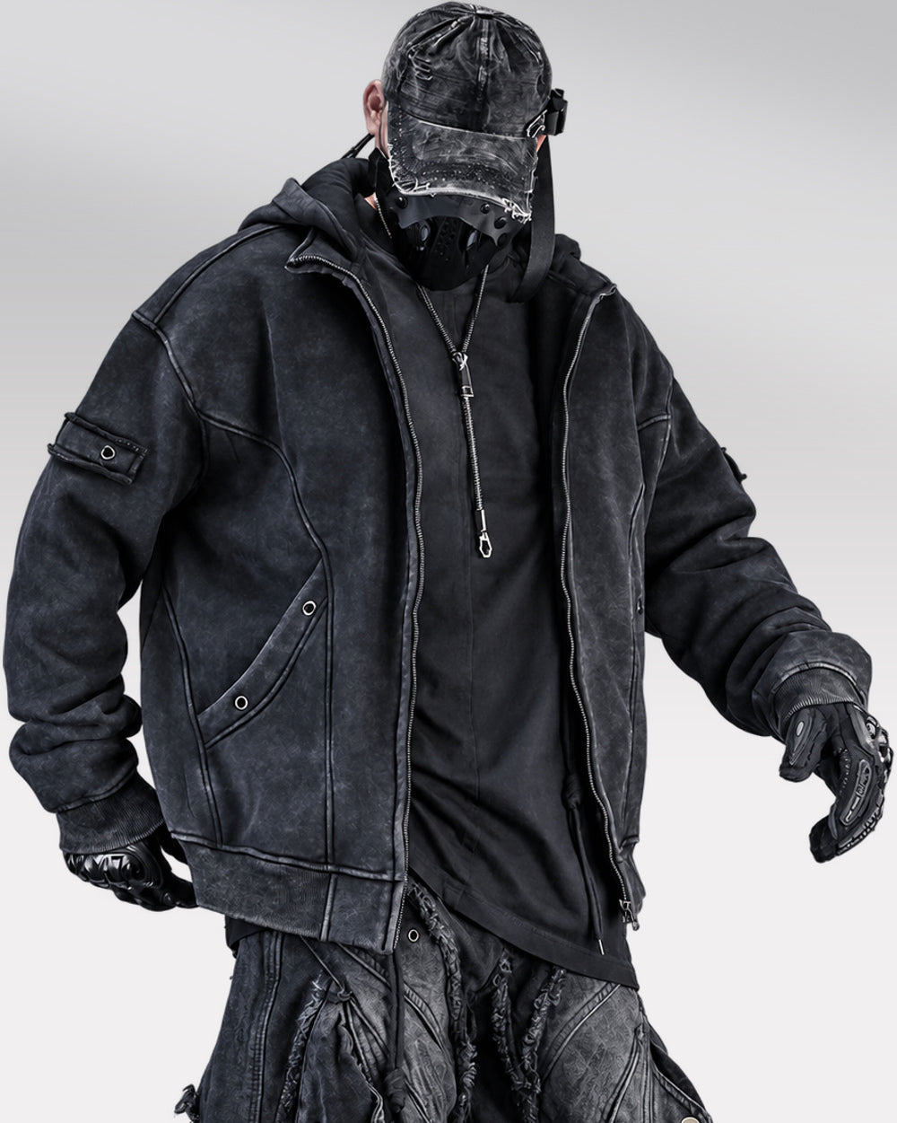 Oversized zip up hoodie "Atomi", Black, open zipper worn view with arms apart