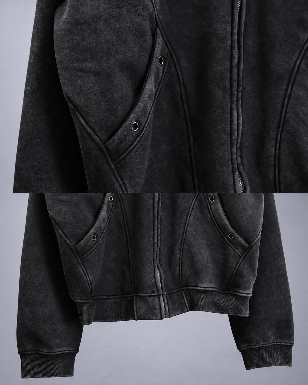Oversized zip up hoodie "Atomi", Black, eyelet pockets and ribbed hem details