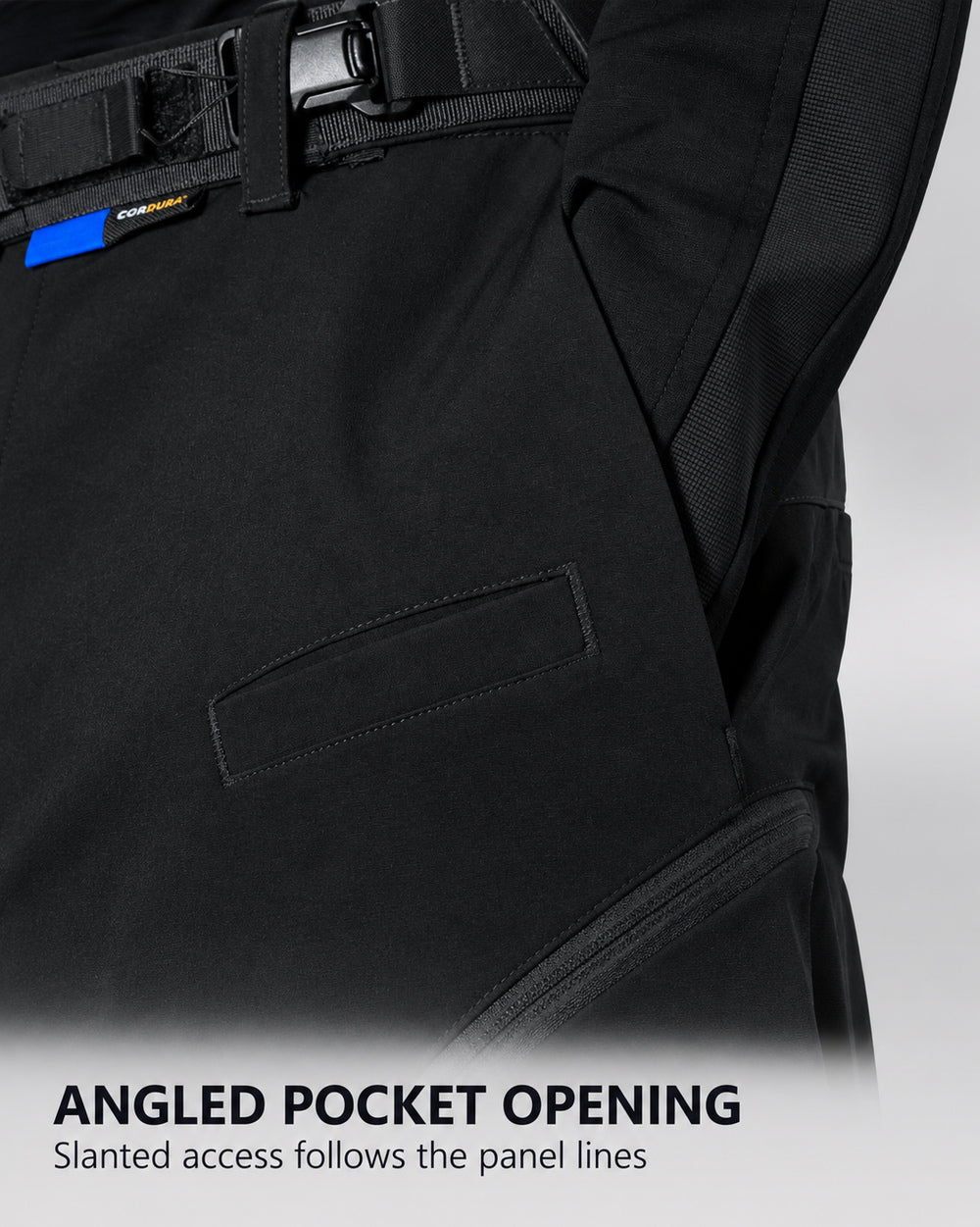 Techwear Pants "Fuki" in black, angled pocket opening
