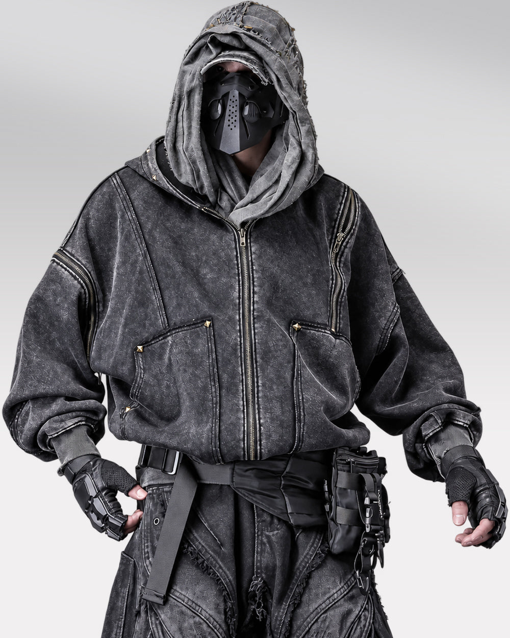 Vintage hoodie "Yosu" in black, hooded front pose