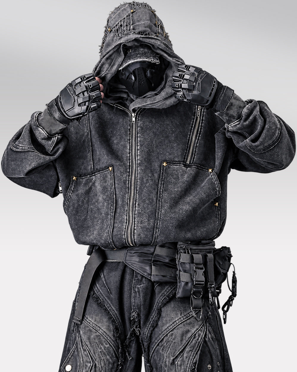 Vintage hoodie "Yosu" in black, hood adjustment pose