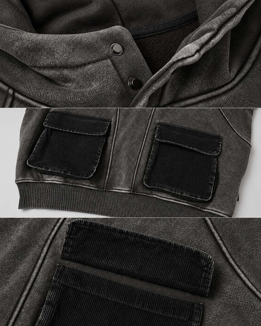 Washed Hoodie "Kiryu", gray snap neck and patch pocket details