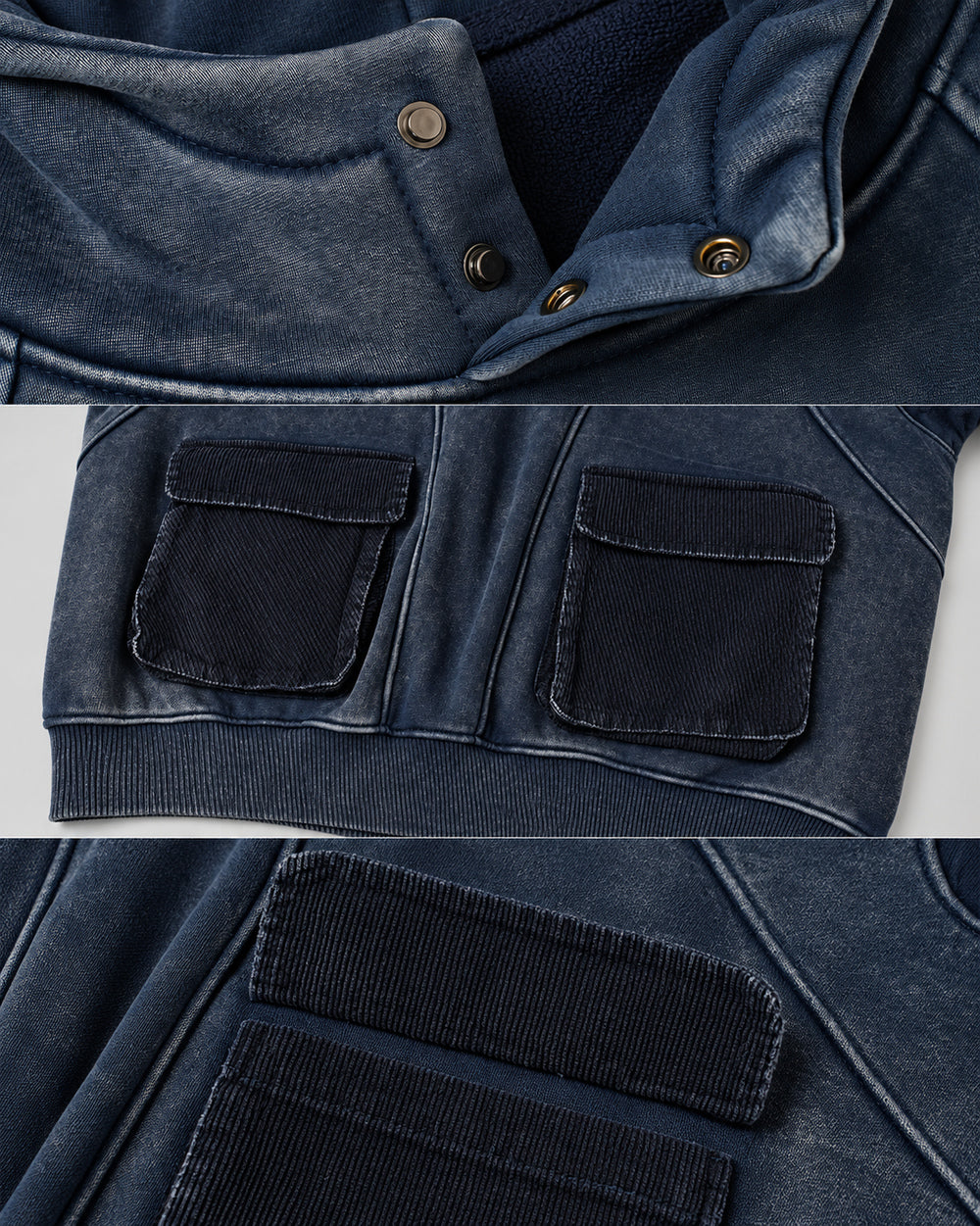 Washed Hoodie "Kiryu", blue snap neck and patch pocket details