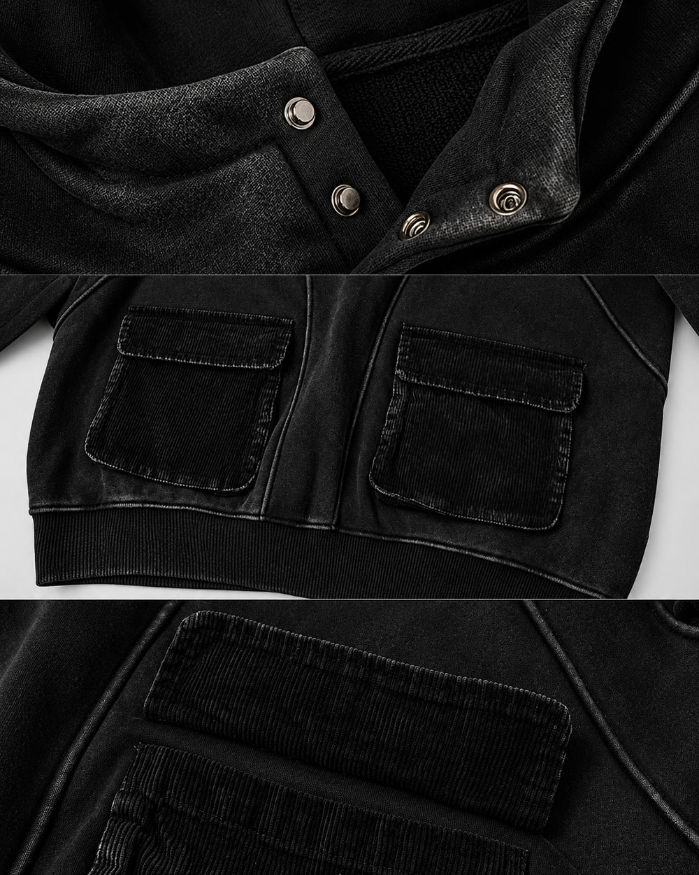 Washed Hoodie "Kiryu", black snap neck and patch pocket details