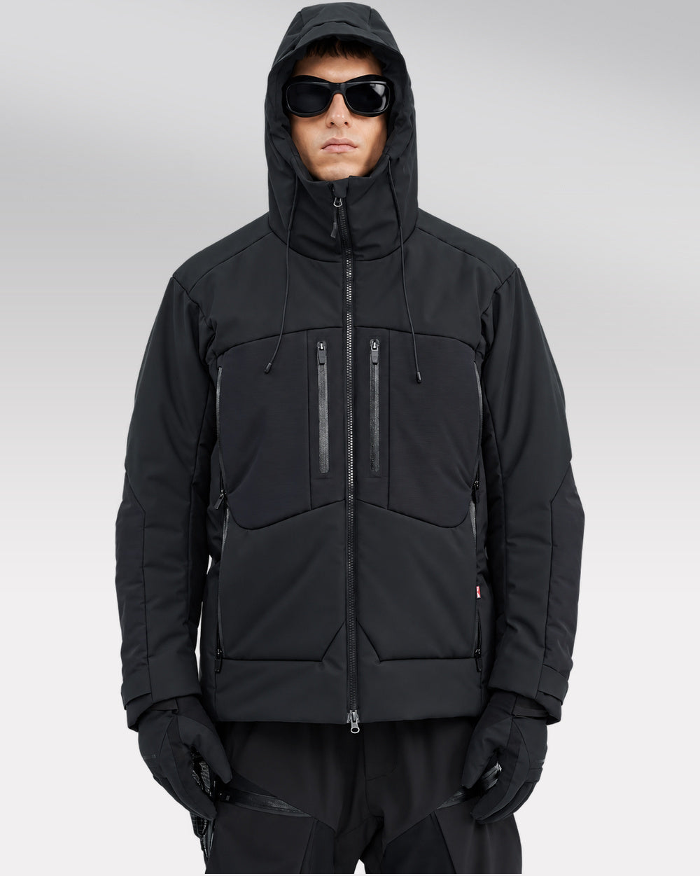 Waterproof Puffer Jacket Hinohe in black - front view with hood up