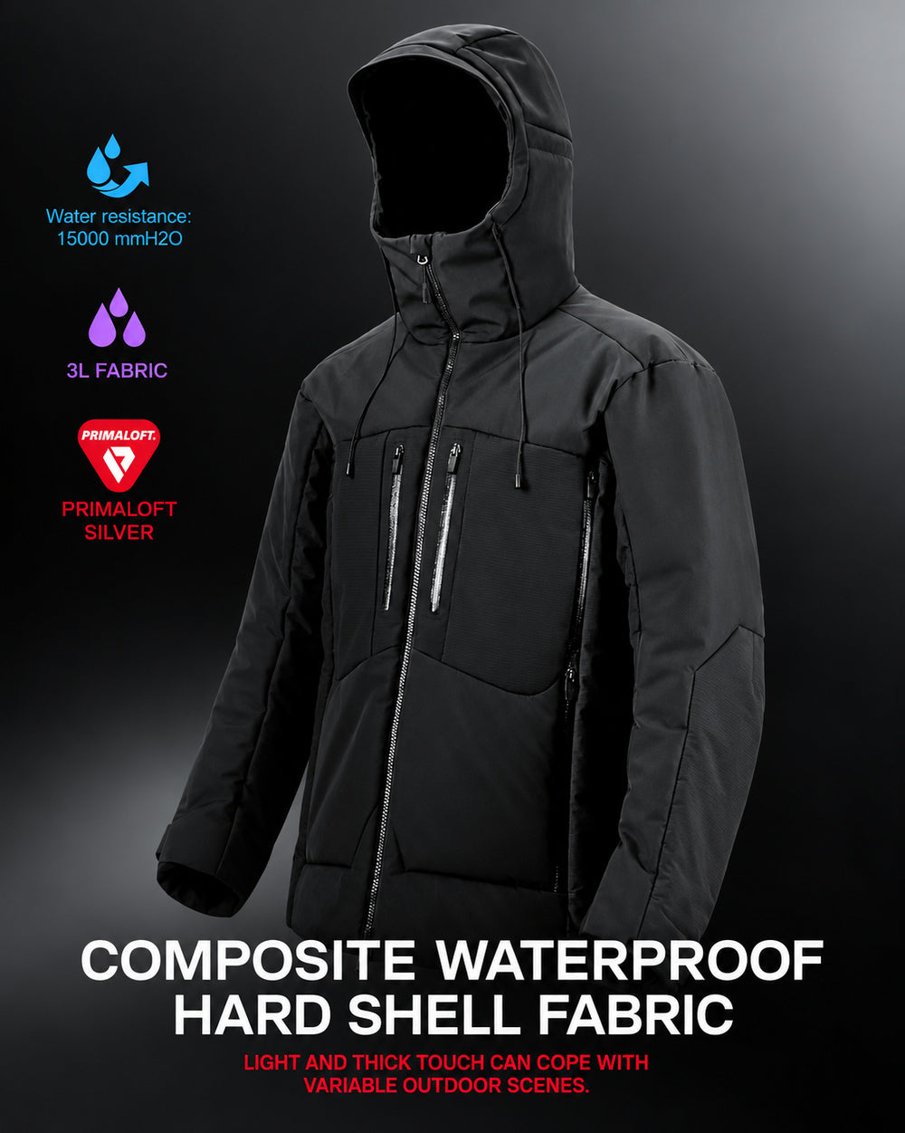 Waterproof Puffer Jacket Hinohe in black - waterproof shell and PrimaLoft Silver overview