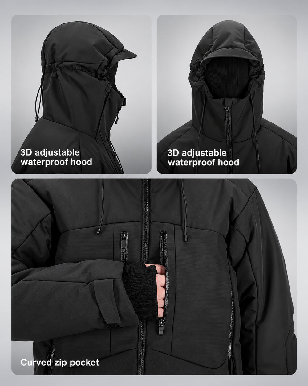 Waterproof Puffer Jacket Hinohe in black - adjustable hood and curved zip pockets