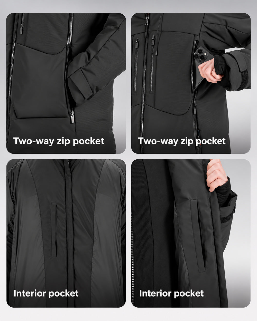 Waterproof Puffer Jacket Hinohe in black - two-way zip pockets and interior pockets
