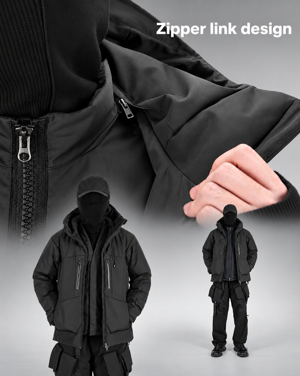 Waterproof Puffer Jacket Hinohe in black - upper zipper linking system