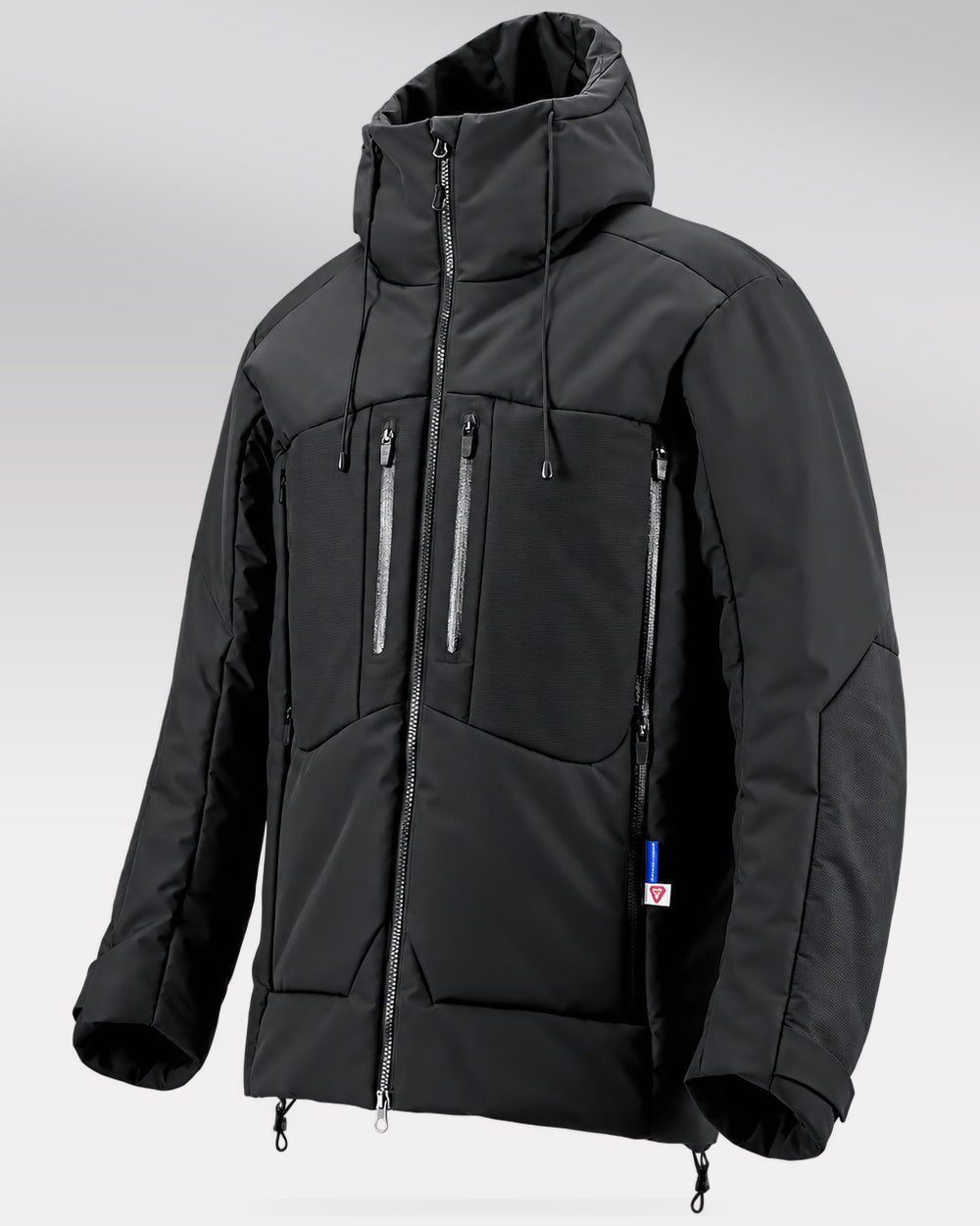 Waterproof Puffer Jacket Hinohe in black - product alone, raised collar and hood down