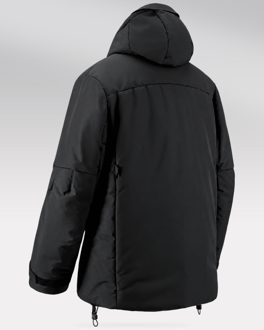 Waterproof Puffer Jacket Hinohe in black - product alone, hood-down rear view