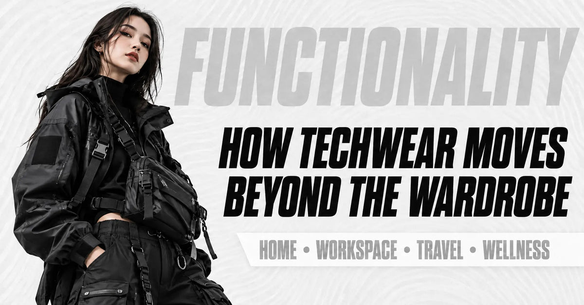 Woman wearing black techwear with a utility crossbody bag beside the headline "How Techwear Moves Beyond the Wardrobe".