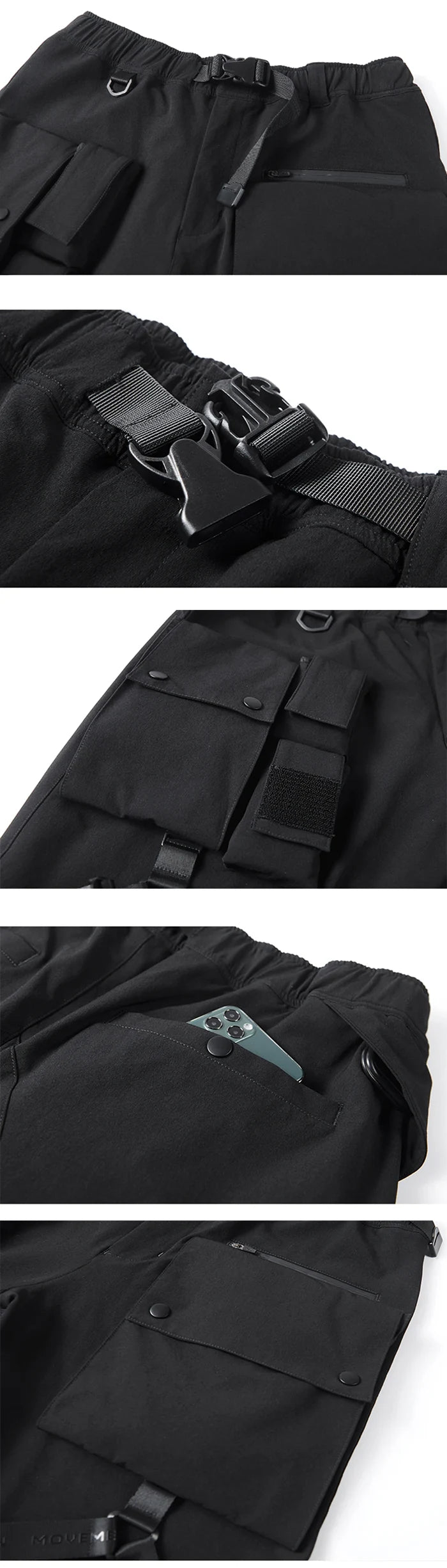 details of the Black Cargo Pants with straps "Nareyama"