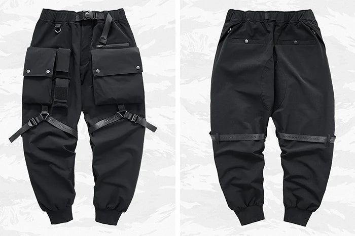 Black Cargo Pants with straps "Nareyama" front and back