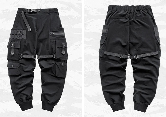 Black cargo pants techwear "Futtsu" front and back