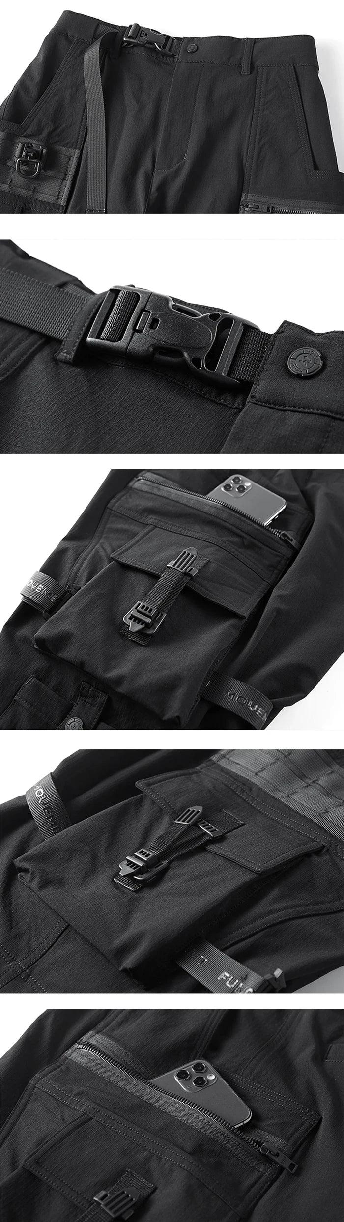 details of the Black cargo pants techwear "Futtsu"