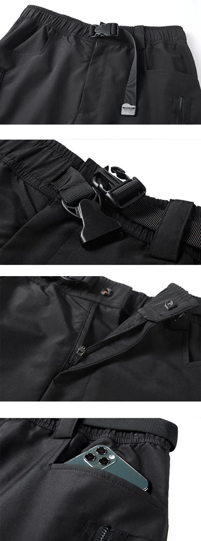 details of the Black cargo pants men "Kichikuro"