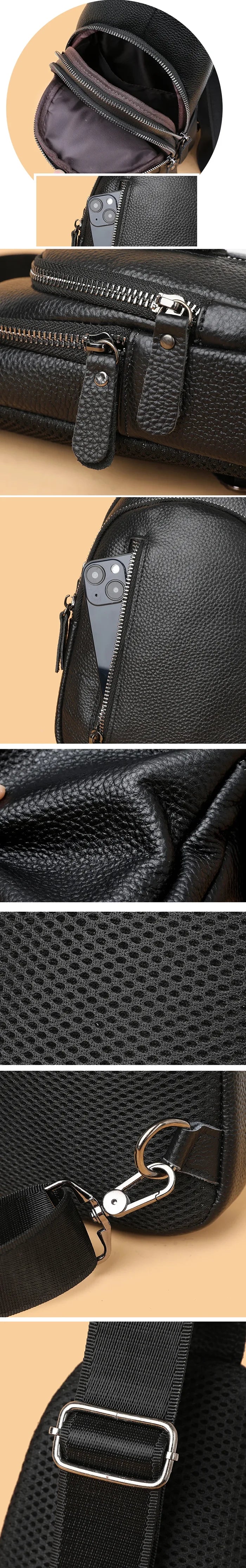 details of the Black leather crossbody bag "Zuru"