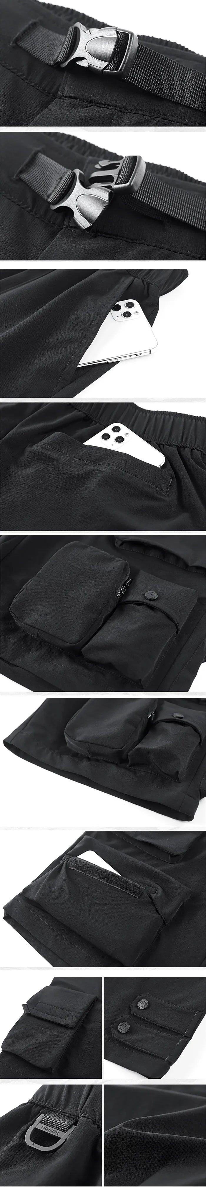 details of the Black nylon cargo shorts "Togane"