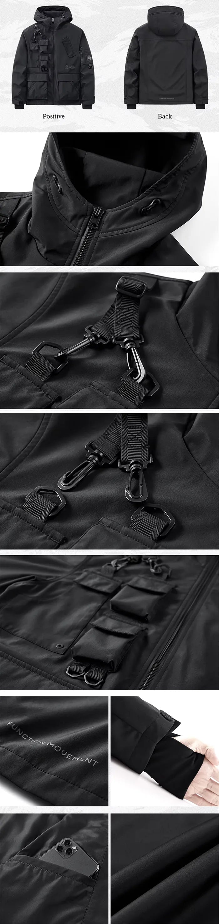 details of the Black windbreaker techwear "Zawa"