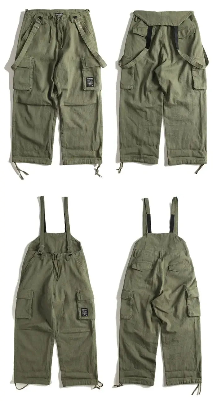 front and back of the Cargo pants with suspenders "Midori" army green