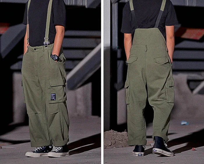 front and back of the Cargo pants with suspenders "Midori"