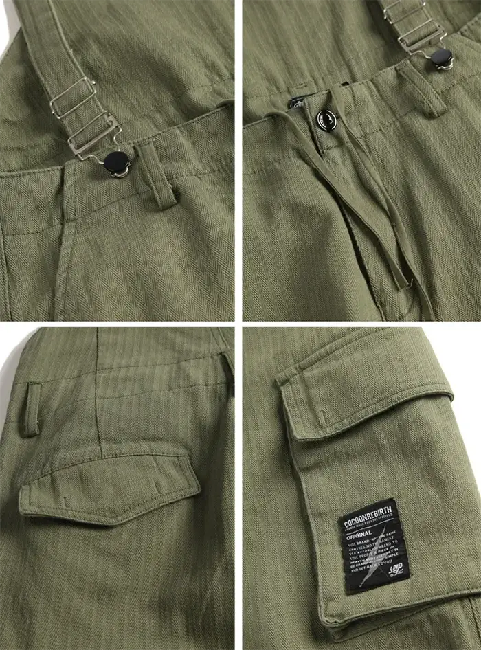 details of the Cargo pants with suspenders "Midori"