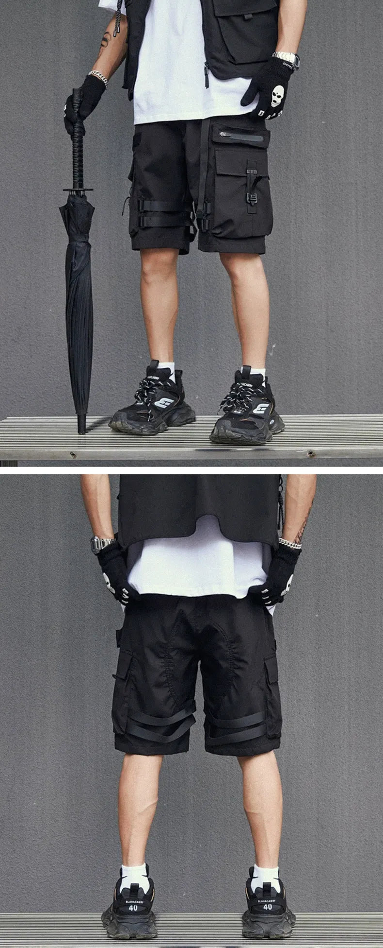 Cargo shorts mens black "Mutsu" back and front