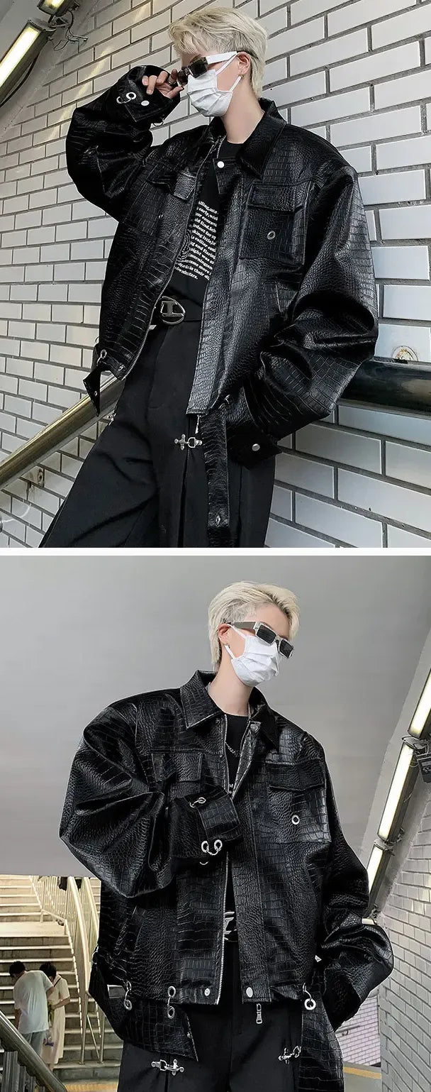 2 images of an asian man wearing the Cyberpunk Jacket "Shinohe"