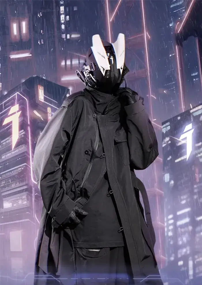 man wearing the Cyberpunk parka "Wanishi"