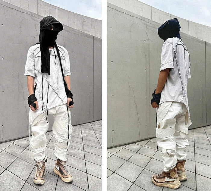 Cyberpunk white pants "Kodate" front and back