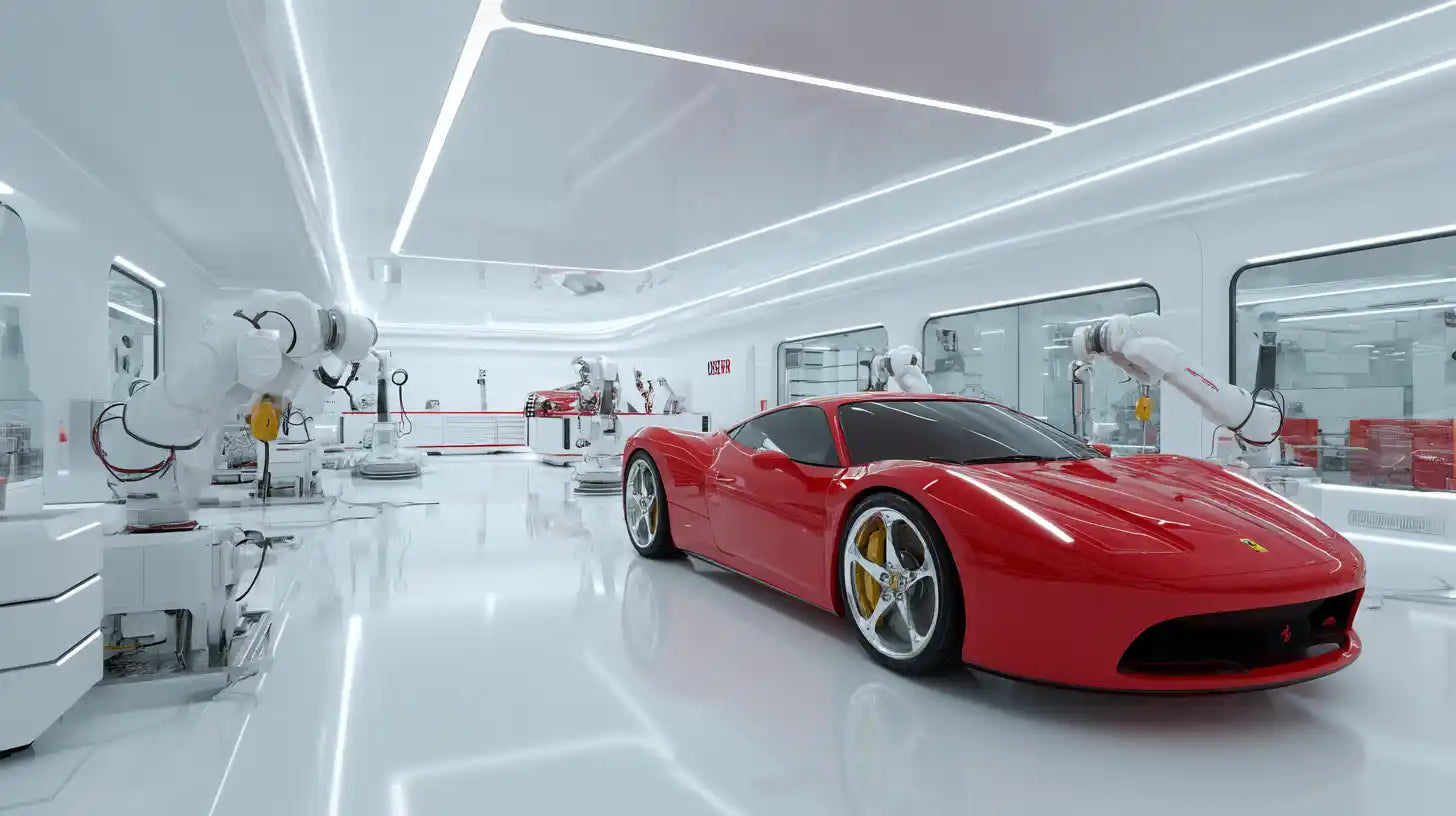 ferrari in a futuristic service center