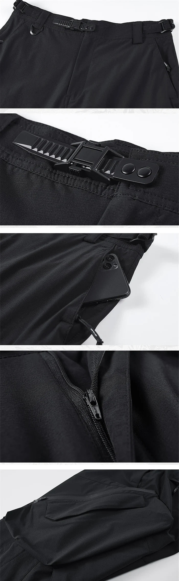 details of the Men's black cargo pants "Katsuura"