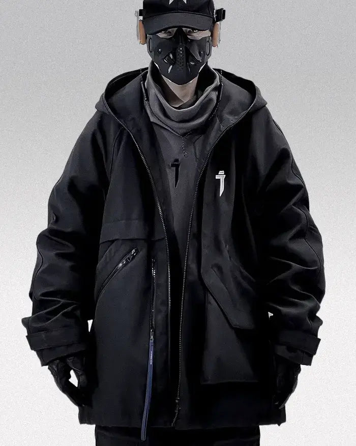 man wearing the Men's techwear jacket "Yodake" in black color