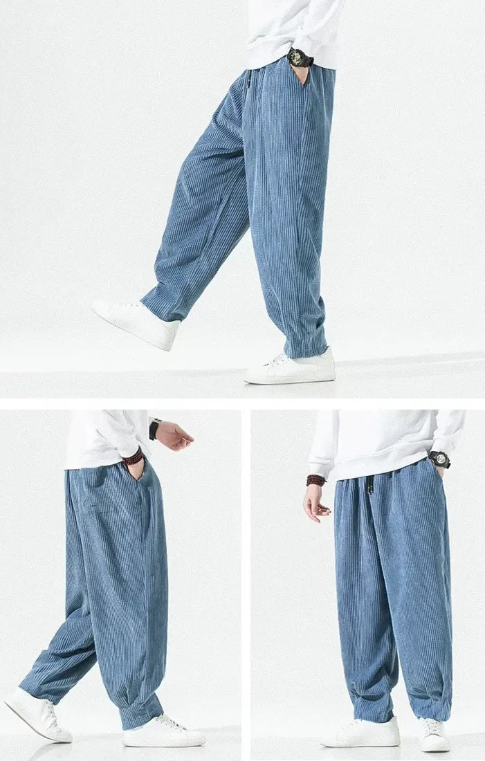 Men's wide leg corduroy pants "Hyoga" in blue color