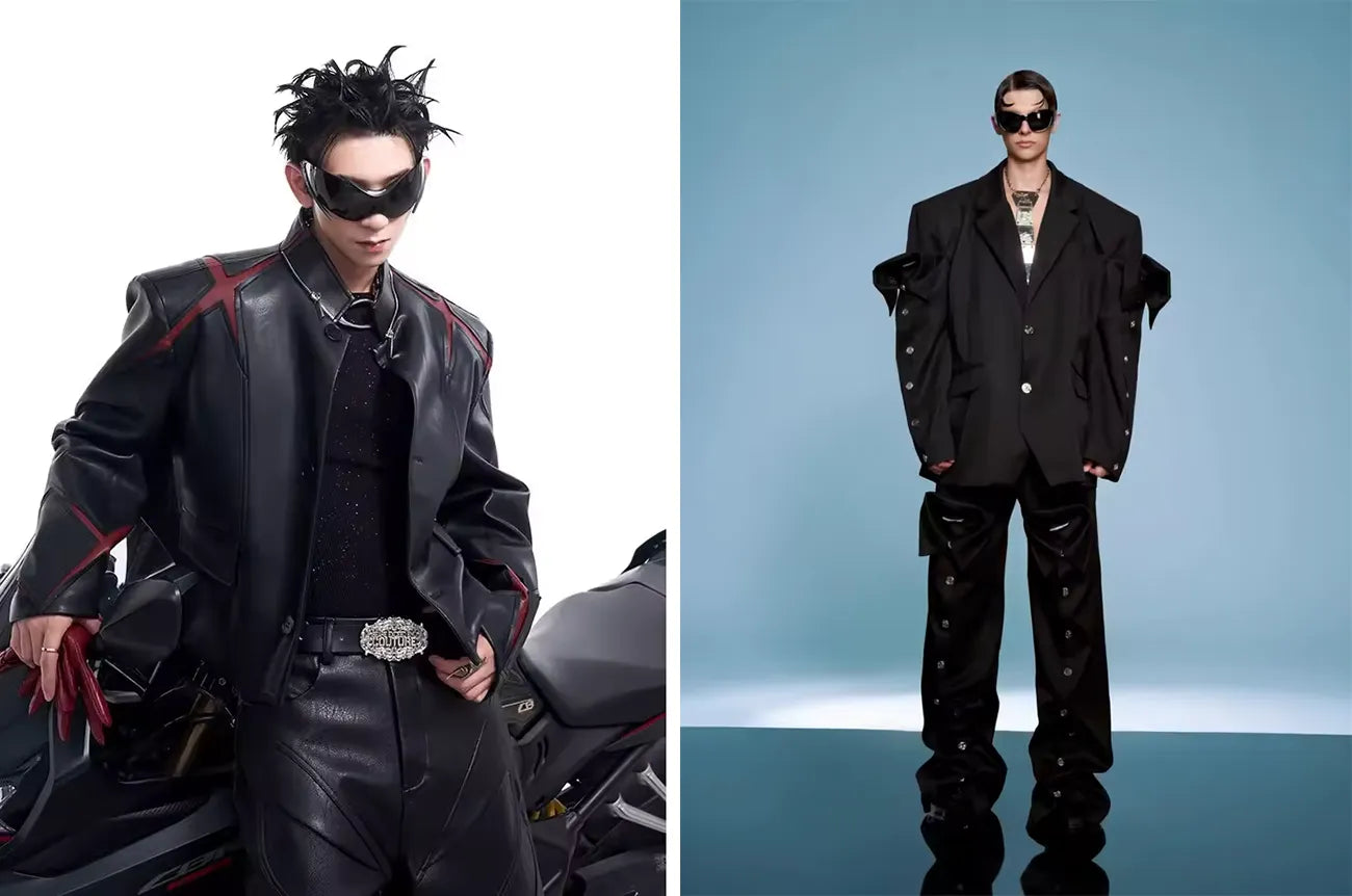 Two distinct Opium style outfits; a person in a black leather jacket with red detailing and futuristic sunglasses, and another in an oversized black blazer.