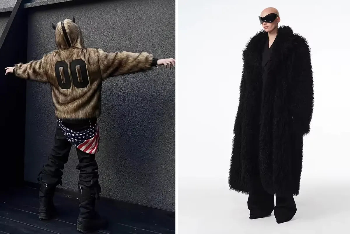 A person in a faux fur "00" hoodie and an American flag accessory, contrasted with another in a long, shaggy black coat and futuristic eyewear, showcasing different facets of Opium style.