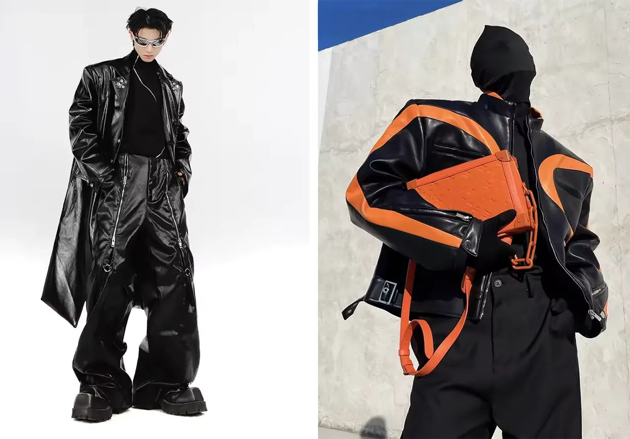 Two bold Opium style looks, one featuring a long black leather coat and wide-leg pants, and the other an avant-garde black and orange jacket.